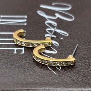 Gold Rhinestone Half Hoop Earrings Vintage Roman Pave Crystal Bridal Glam